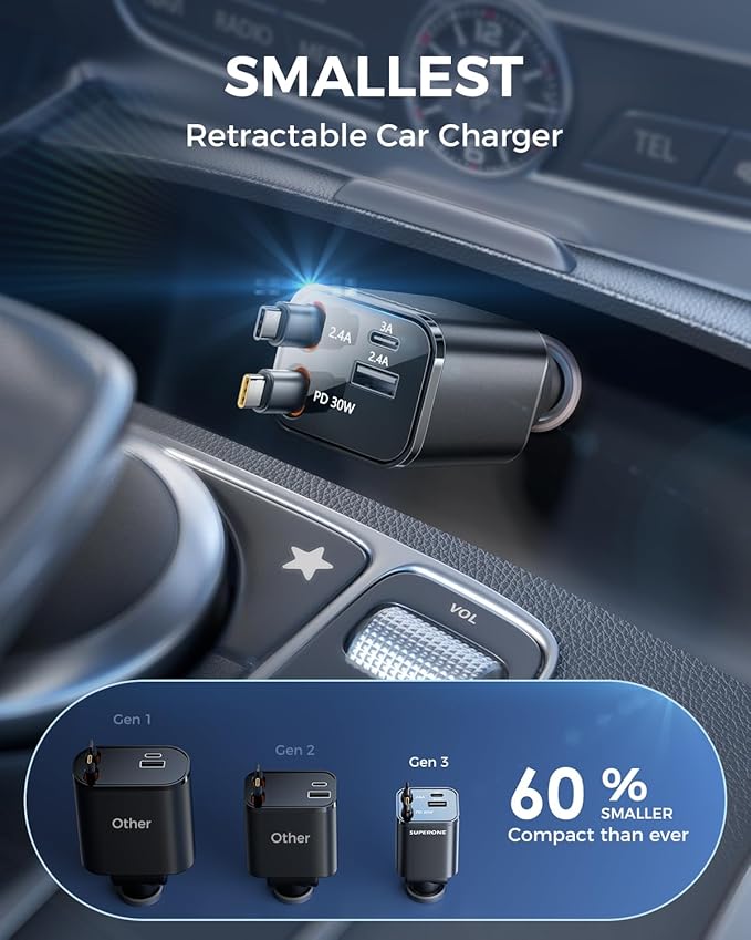 SUPERONE Retractable USB C Car Charger, Phone Car Charger Fast Charging with Dual Type C Cable, Car Accessories Small USBC Car Adapter