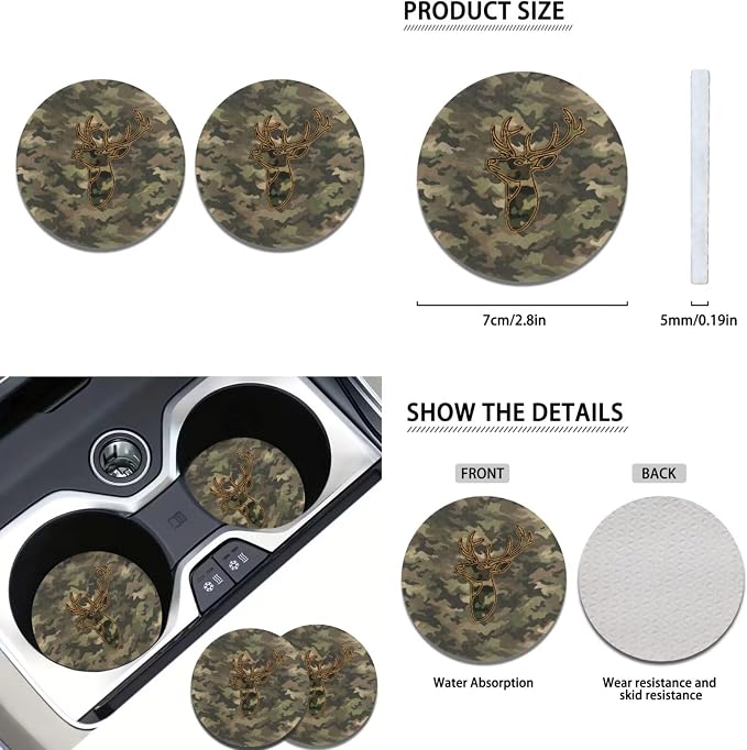 Howilath Camo Deer Print Car Seat Cushion Cover with Steering Wheel Protector/Seat Belt Cushion/Keychains/Cup Coasters Universal Fit Interior Accessories Fit Most Vehicle - 13 Piece