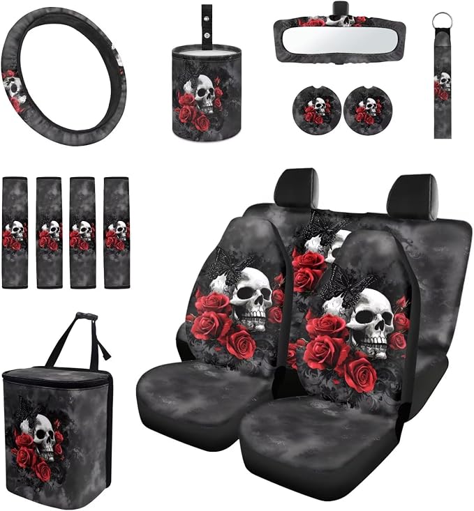 Rose Skull Car Seat Covers Full Set for Women Cute Car Accessories Interior Car Steering Wheel Cover Seatbelt Covers Trash Bin Rear View Mirror Cover Cup Holders Keychain