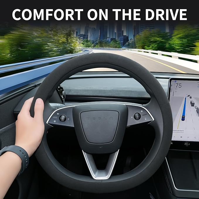 Uxcer Suede Steering Wheel Cover for Tesla Model 3/Y 2016-2025 2026 Juniper/Highland, Non-Slip Breathable Tesla Model 3/Y Steering Wheel Protector, Black