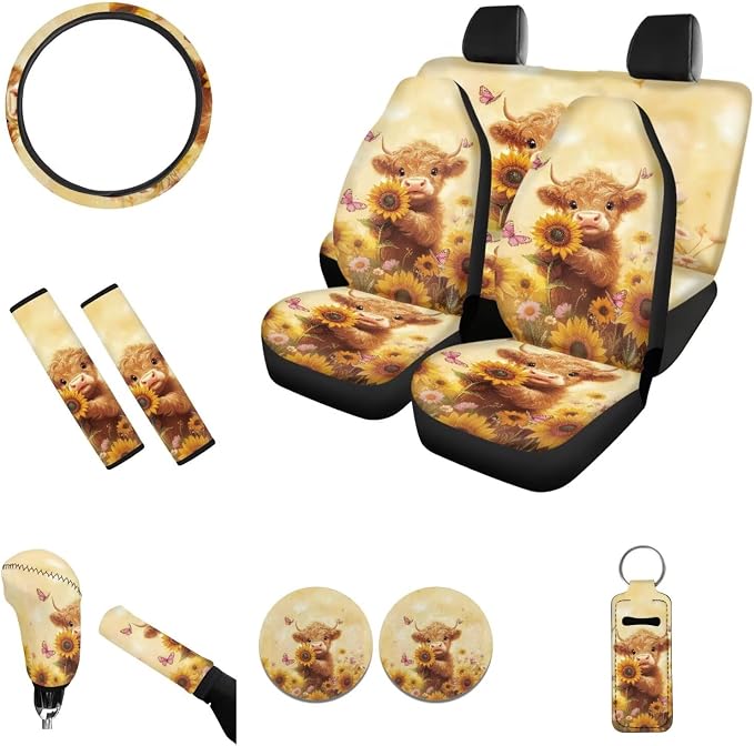 Highland Cow Car Seat Cover Full Set with Front Back Seats Steering Wheel Covers Auto Seat Belt Pads Cup Holder Coaster and Key Chains Shift Protector for SUV Truck Vans Sedans