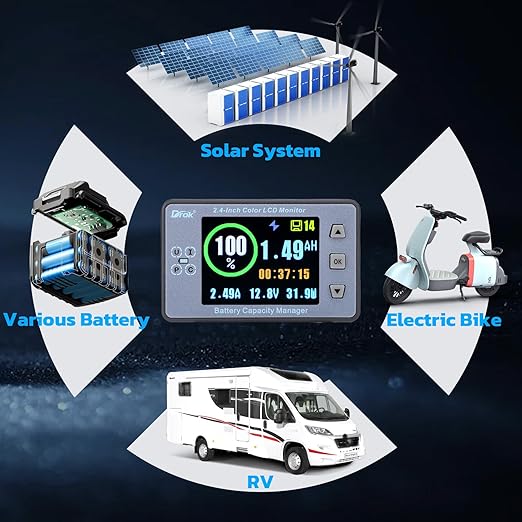 DROK Coulometer, DC 8-100V 100A Battery Monitor 12V 24V 36V 48V 60V Volt Amp Watt Meter, 2.4 inch LCD Color Screen Capacity Percentage Time Power Voltmeter Ampmeter for RV Solar Panel Battery Charge