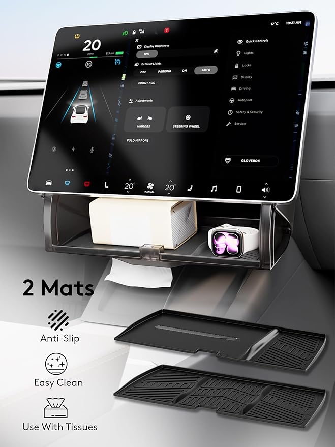Under Screen Storage Box for Tesla Model Y and Model 3, Hidden Organizer Tray with Soft-Close Lid, Silicone Mats, Fits Juniper, Highland, and Earlier Versions
