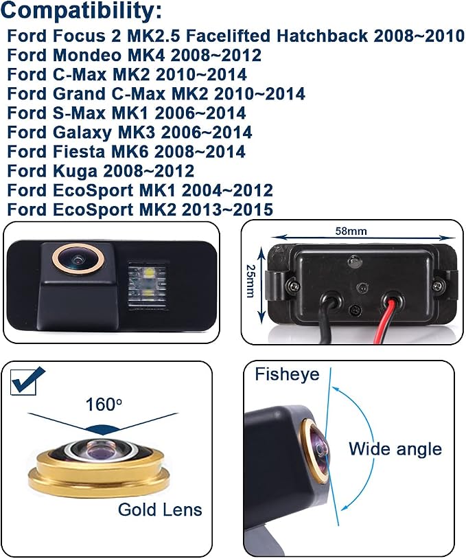 Fisheye 1280x720 Pixels car Backup Camera Reverse Parking Rear View Replacement for Ford Mondeo MK4 Fiesta S-Max Kuga Everest Focus 2 Hatchback Facelift C307 EcoSport MK1 MK2 C-Max
