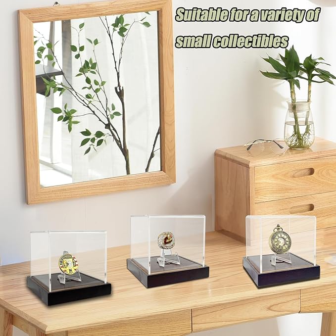 Acrylic Pocket Watch Display Case with Wooden Base - UV Protected Showcase & Protect Watches, Coins, Medals, Cards (4.3"x4.3"x3.7" Inside)