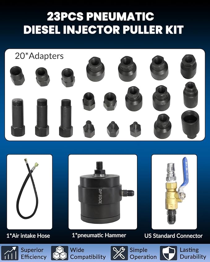 Universal Pneumatic Diesel Fuel Injector Puller Tool Kit Injector Remover Extractor with Impact Air Tool compatible with Benz for Bosch for Siemens etc Diesel Engine