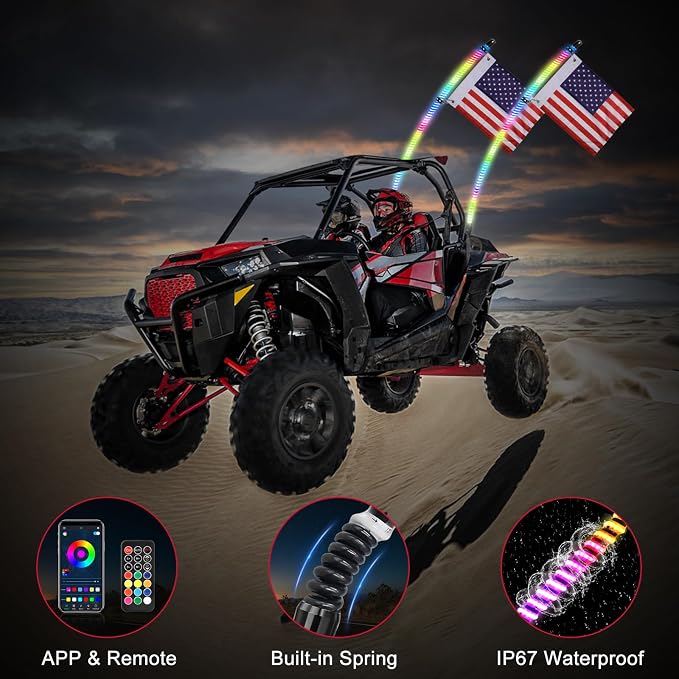 OFFROADTOWN 2PCS 4FT COB LED Whip Lights Bluetooth APP Remote Control RGB Lighted Whips Turn Signal Light Chasing Warning Light Antenna Spiral LED Whips for UTV SXS Polaris RZR Can-Am ATV Truck