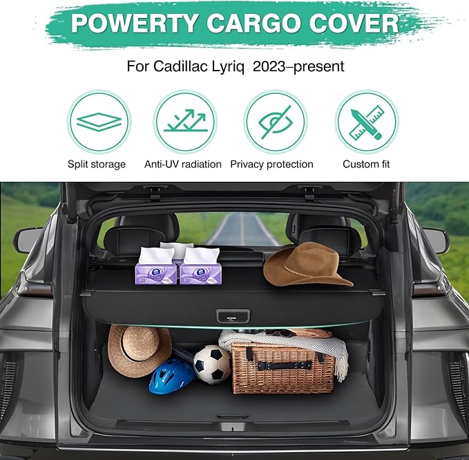 Powerty Retractable Cargo Cover for 2023-2025 Cadillac Lyriq, Canvas Texture Trunk Cover Privacy Screen Rear Security Shade for Lyriq Accessories