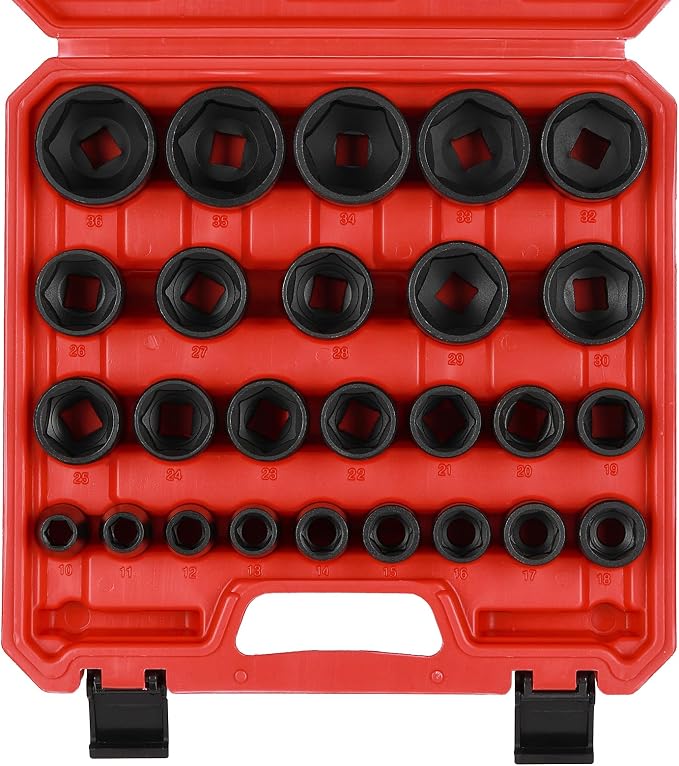 MIXPOWER 26 Piece 1/2 Inch Drive Impact Socket Set,Metric,Shallow,10mm to 36mm, Cr-Mo Alloy Steel, Radius Corner Design, Impact Grade