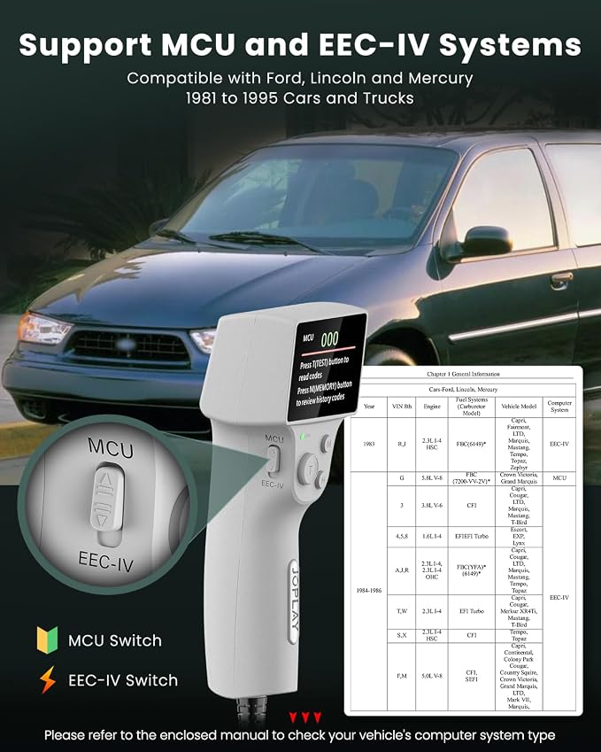 JOPLAY OBD1 Code Reader Compatible with Ford, 2 in 1 Digital OBD 1 Scanner with Built-in Reinforced Pins and 9 Feet Cable OBD 1 Scan Tool Compatible with Ford, Lincoln, Mercury from 1981-1995 (Gray)