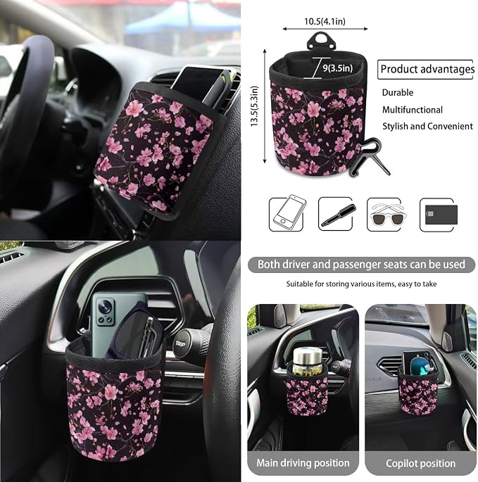 Cherry Blossom Pattern Car Accessories Set of 15, Front Rear Seat Covers Protector Steering Wheel Cover Seatbelt Cushion Trash Can Cup Holders Air Vent Storage Bag