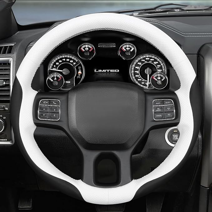 MEWANT Hand Stitch Steering Wheel Cover for Dodge Ram 1500 2500 3500 2004-2008 White Black Faux Leather Steering Wrap
