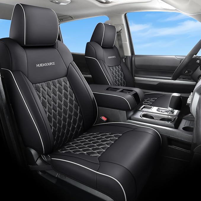 Huidasource for Toyota Tundra Seat Cover, Nappa Leather Truck Seat Cover, 360° Full-Coverage Toyota Seat Covers 2014-2021 CrewMax, Compatible with Armrest Airbags (Full Set/Black＆White)