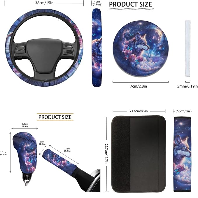 Tupalatus Purple Wolf 9 Pcs Cute Car Seat Covers with Steering Wheel Cover Auto Seat Belt Cover Coasters Gear Shift Cover Hand Brake Cover Car Accessories Set for Men