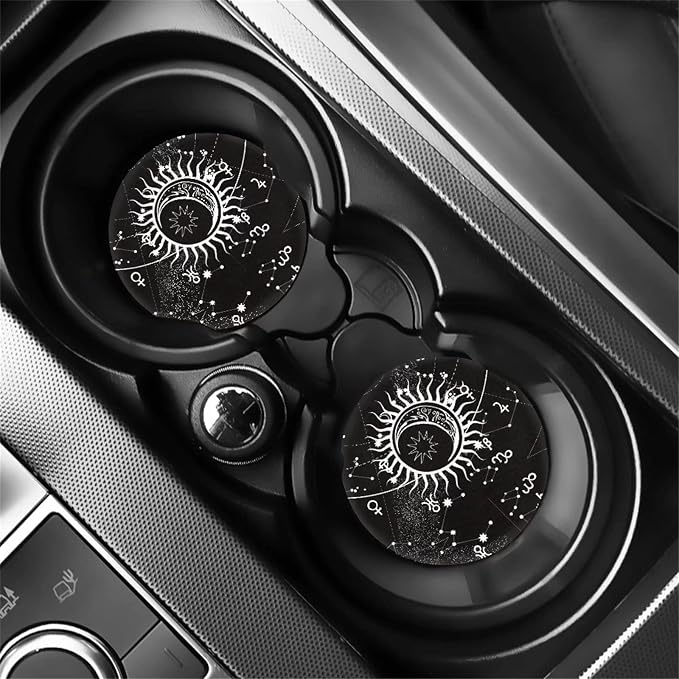 Xoenoiee 11 Pcs Car Accessories with Front & Rear Auto Seats Covers, Steering Wheel Cover, Seat Belt Pads, Cup Coaster, 2 Pcs Key Chain - Universal Fit - Celestial Sun Moon Stars