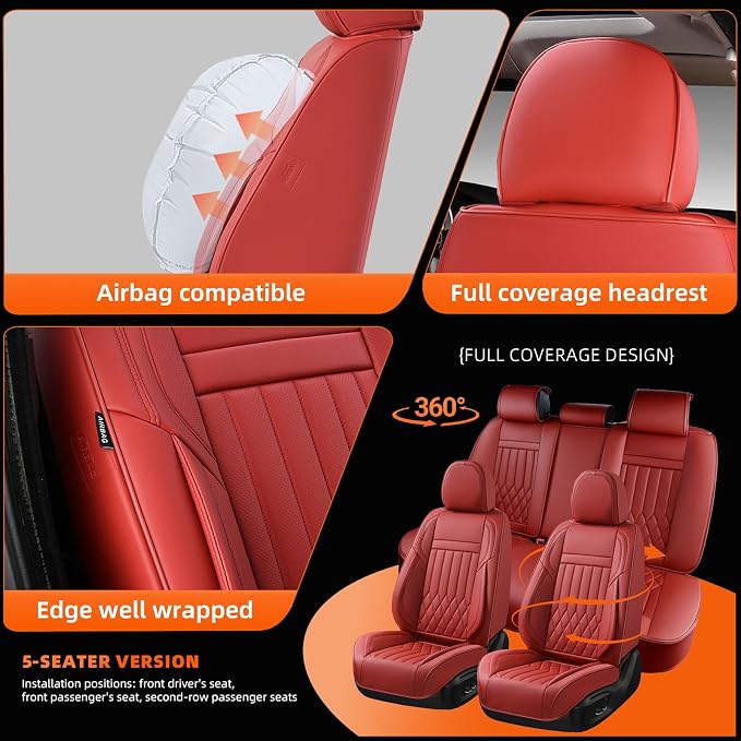 5-Seater Waterproof and Breathable Nappa Leather Car Seat Covers Full Set, Fit for Front and Rear Seats of Cars, Compatible with Airbags, Car Seat Protector Covers for Most Cars - Wine red