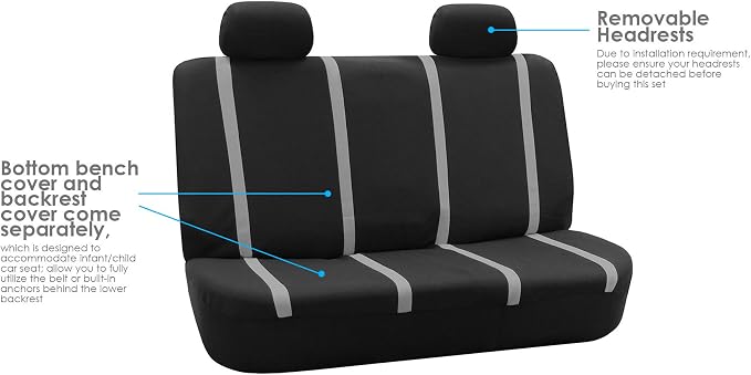 FH Group Automotive Seat Covers Unique Flat Cloth Gray Full Set, Combo Steering Wheel Cover and Seat Belt Pads Rear Solid Bench Universal Fit for Vans Cars Trucks and SUV Interior Accessories