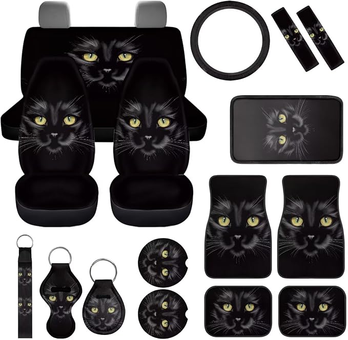 Black Cat Car Aaccessories Full Set of 17 Pcs,Black Cat Car Seat Covers Set with Heavy Duty Floor Mats,Steering Wheel Covers,Cool Print Seat Belt Shoulder Pad for Women Man,Universal Fit