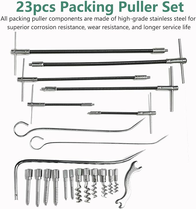 23PCS Packing Extractor Set, Easy Out Screw Extractor Set, Packing Puller Flexible Shaft Corkscrew Tool Kit, Valve Packing Removal Tool with Toolbox