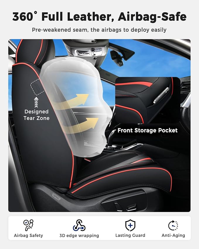 Huidasource Front Seat Covers Luxury Nappa Leather, Car Seat Cover Front Seats with Airbag, Front Storage Pocket, Lumbar Support, Cooling＆Heating, Universal Fit for Most Cars SUV Trucks, Black&Red