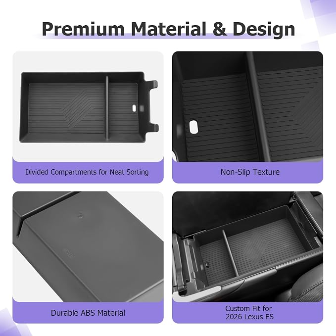 LUWU 2026 Lexsu ES350h/ES350e/ES500e Center Console Organizer for 2026 ES 350h/ES 350e/ES 500e Accessories Armrest Console Storage Box Insert Tray ABS Material Coin Container with Black Non-Slip Mat