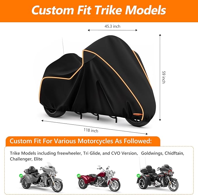 420D Motorcycle Cover for Trike Models Freewheeler, Tri Glide Ultra and CVO Version, Outdoor Bike Cover Windproof Heavy Duty Waterproof Protection(with Antenna Openings&Exhaust Heat Insulation)