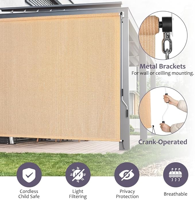 KELIXU Patio Shades Roll Up Outdoor Blind, 5' W x 8' H Cordless Sun Shade Privacy Screen with 90% UV Protection Exterior Roller Shade Cloth for Porch Pergola Backyard Windows Balcony, Walnut