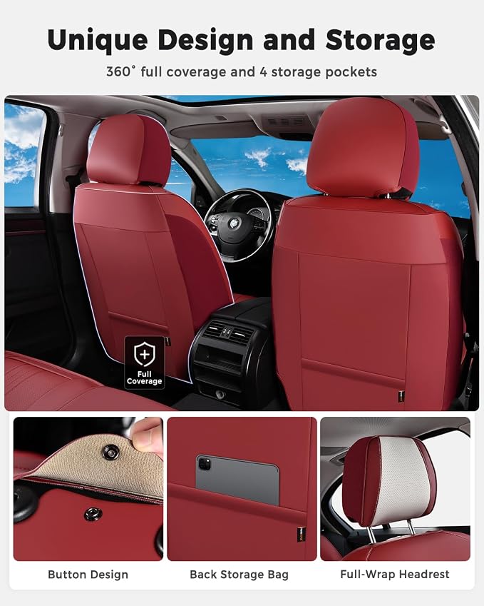 Huidasource Red White Front Seat Cover, Luxury Faux Leather Front Car Seat Cover Front Seats, Compatible with Airbags, Cooling＆Heating, Universal Fit for Most Cars, Vans, Trucks, SUVs, Red＆White