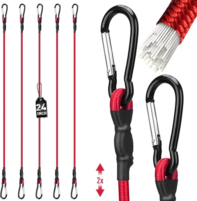 5-Piece 24 Inch Bungee Cords with Carabiner Hooks, Heavy Duty Rubber Elastic Tie Down Straps, Bungee Cord with Carabiner Clips for Cargo, Truck Bed, Camping, Motorcycle and Outdoor Use (Red)