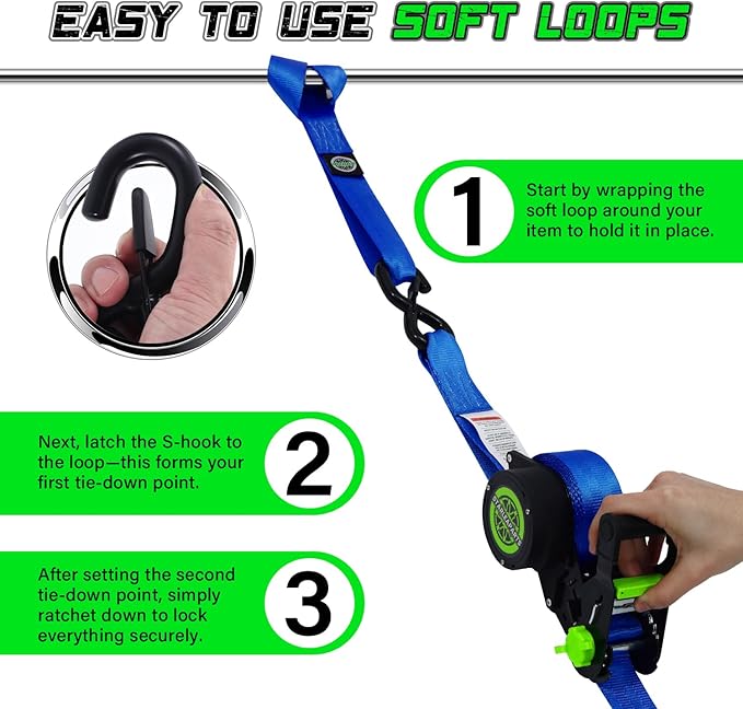 Retractable Ratchet Straps (2pk) -Patented | 1.5 in x 16 ft Heavy Duty Auto Ratchet Straps with Soft Loops | Perfect Automatic Tie Downs for Motorcycle,Kayak and Truck | Break Strength 5,000LBS/2268KG