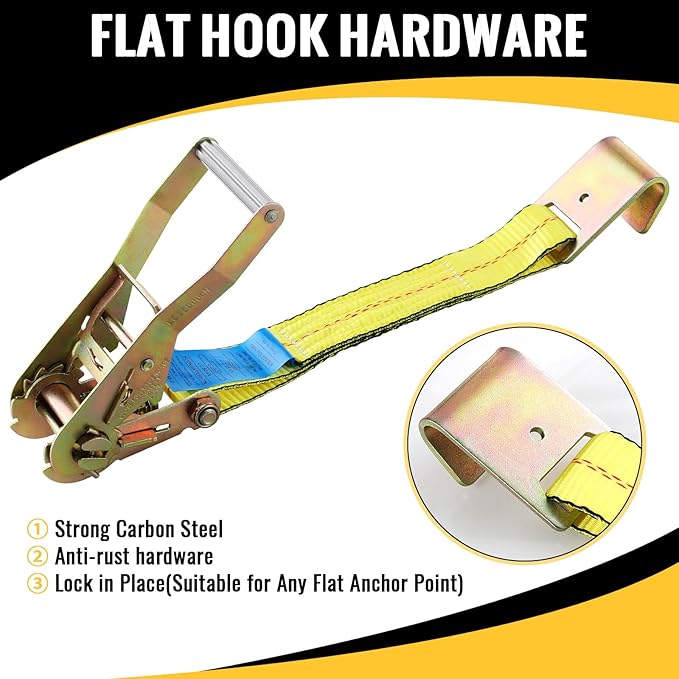 TLGREEN 4 Pack Car Tie Down Straps for Trailers - 2" x 10' -10,000LBS Break Strength Heavy Duty Ratchet Straps with Flat Hooks, for Hauling Truck, SUV, UTV, Motorcycle (Includes Storage Bag) Yellow