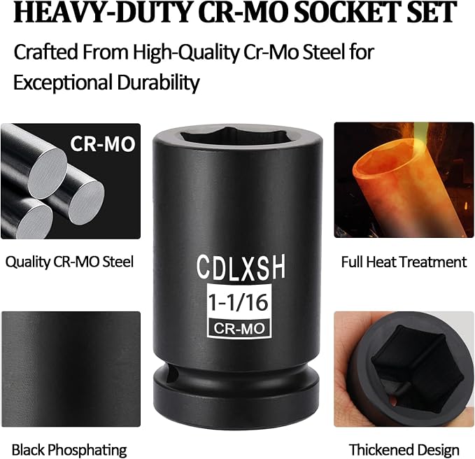 3/4 Inch Deep Impact Socket Set, Standard 6-Point SAE Socket Set | 12 Pcs Heavy Duty Drive Impact Sockets(13/16"-1-5/8"), Cr-Mo Steel, Overall Heat Treatment for Vehicle and Equipment Repair