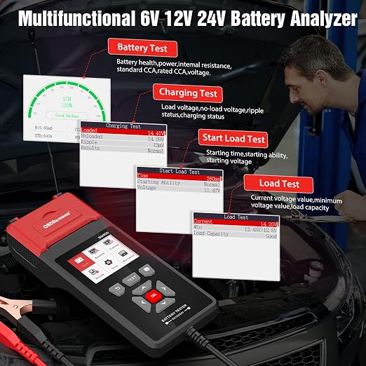 Car Battery Tester with Printer 100-2000 CCA 6V 12V 24V ELMCONFIG BM800 Battery Load Tester with Car Cranking and Charging System Analyzer Scan Tool for Cars, Trucks & Motorcycles (3PCS Thermal Paper)