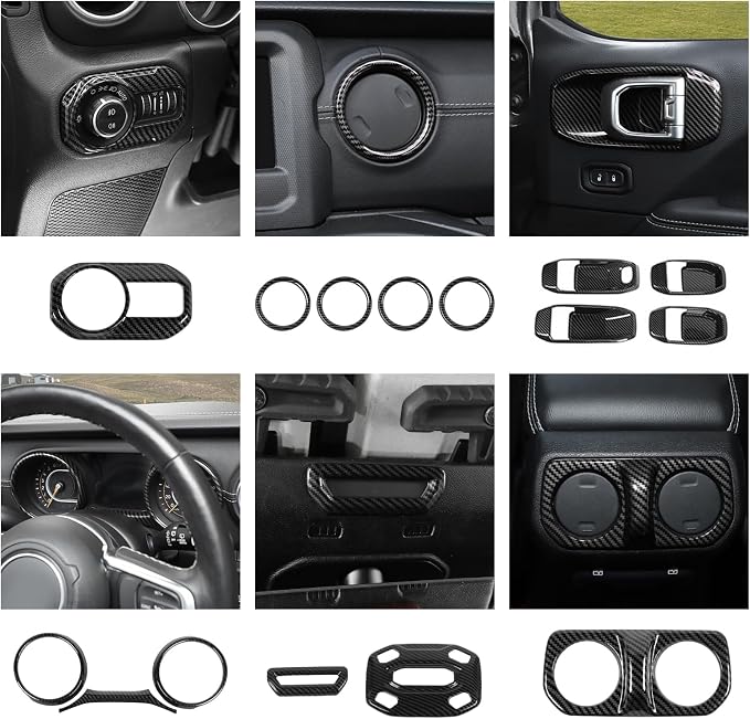 21PCS Carbon Fiber Interior Trim Kits Fit for 2018-2023 Jeep Wrangler JL JLU & Gladiator JT 4Door Interior Decor Accessories Dashboard AC Headlight Switch Roof Speaker Inner Door Bowl Steering Button