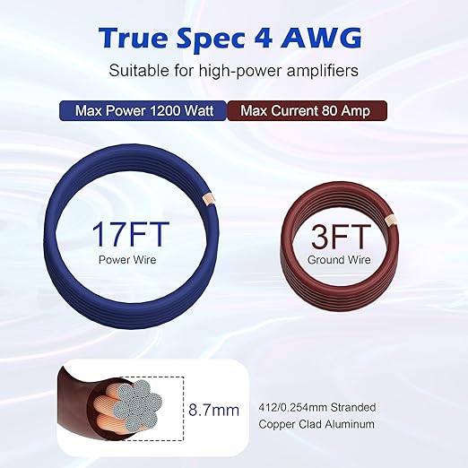 4 Gauge Complete Amp Wiring Kit, Premium Car Amplifier DIY Installation Kit, 1200W High Power CCA Cable with Fuse Holder& Full Accessories for Car Truck/RV/ATV Audio Systems Radio Subwoofer Speaker