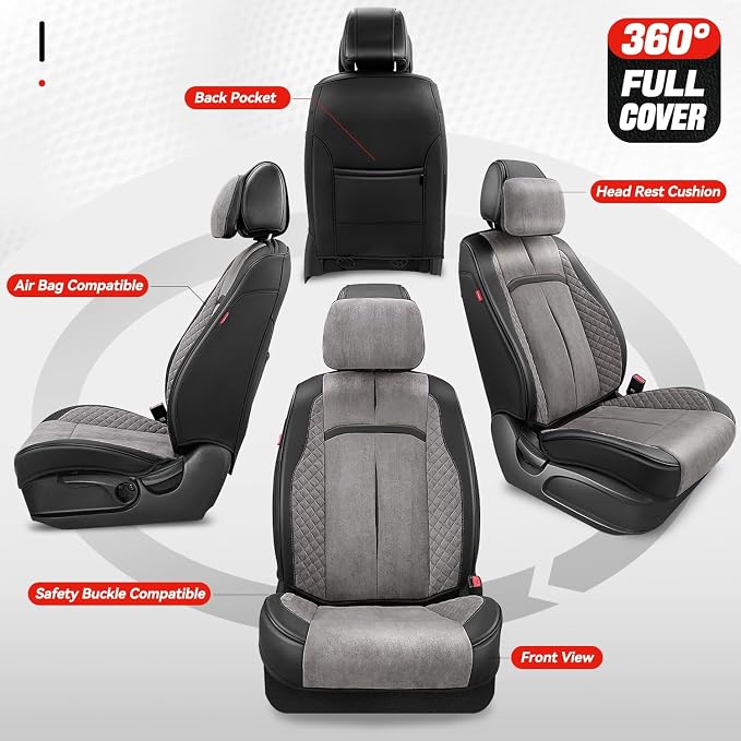 Auto Dynasty Car Seat Covers Front Set, Anti-Slip Automotive Interior Covers with Storage Pocket, Breathable Car Seat Protectors, Airbag Compatible, Universal Fit Most Vehicles, Gray (Voris Series)
