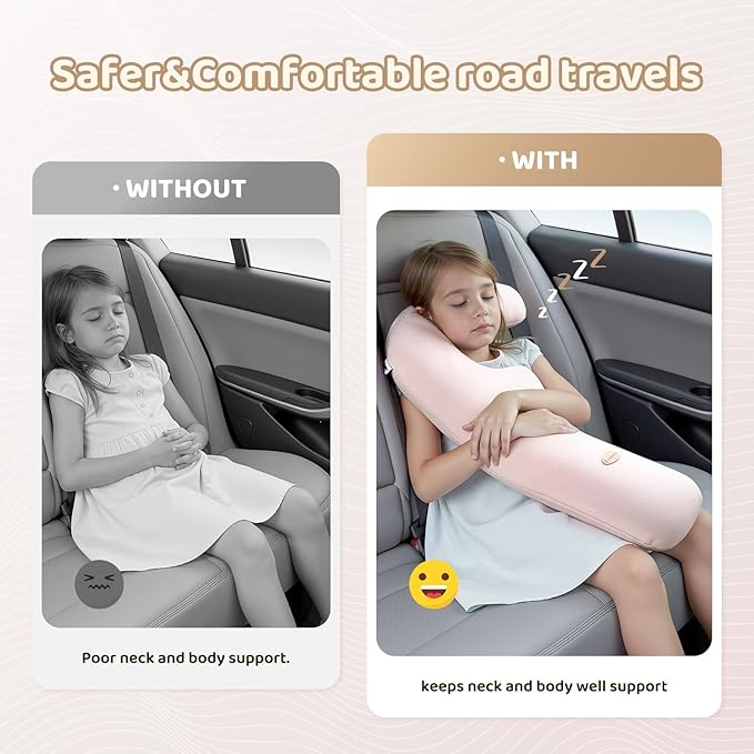 FLORICH Memory Foam Kids Travel Pillow, Car Sleeping Pillow, F-Shape Car Pillows for Adults and Children, Traveling Car Pillow for Kids with Removable Pillowcase (Dark Pink)