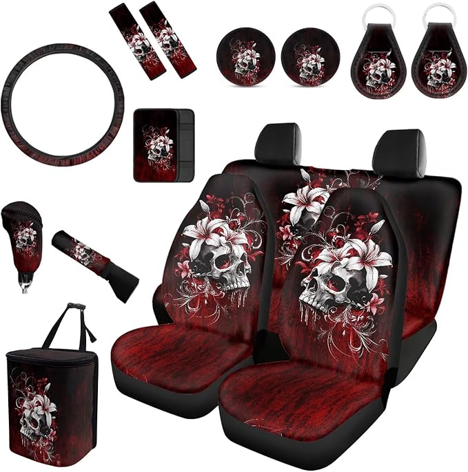 Forchrinse Skull Blood Flower Car Seat Cover Full Set for Women Gothic Steering Wheel Cover/Armrest Cushion/Seatbelt Cover/Garbage Can/Handbrake Gear Shift Cover