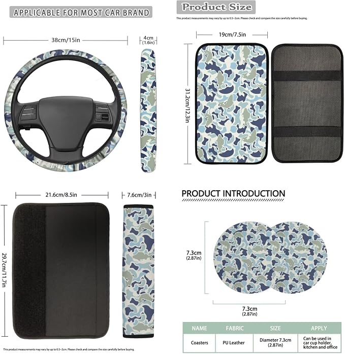 Bulopur Fish Camo Vehicle Seat Covers Front and Back with Auto 15 Inch Steering Wheel Cover Decorative Armrest Cover Comfortable Vehicle Seat Belt Covers 14 PCS Car Interior Accessories Set