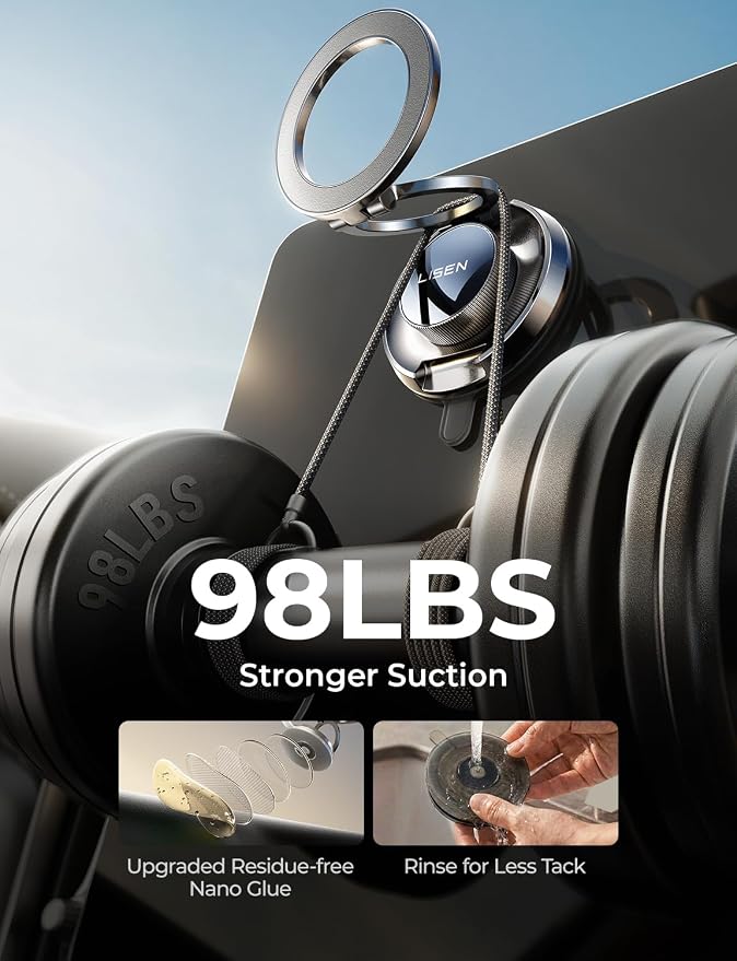 LISEN Suction Phone Mount for Vacuum [All-Metal & Nano Gel 98+LBS Suction] 360 Adjustable Vacuum Magnetic Phone Holder for Car, for Magsafe Car Mount for iPhone 17 Pro Max 16 15 14 13 12 &Dash Covers | [True Military-Grade] Car Phone Holder [Upgraded S...