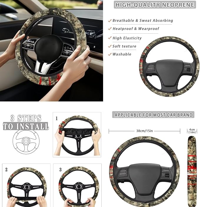 8 Pcs American Flag Hunting Deer Car Seat Covers Full Set Car Accessories for Women Front Seat Cover Steering Wheel Armrest Cover Seat Belt Cover for Auto SUV Interior Decoration