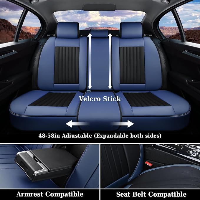 Coverado Car Seat Covers Full Set, Nappa Leather Seat Covers for Cars, Car Seat Cushion Car Seat Protector, Front and Back Seat Protectors Cushions Universal Fit for Most Cars Vehicles(Blue&Black)