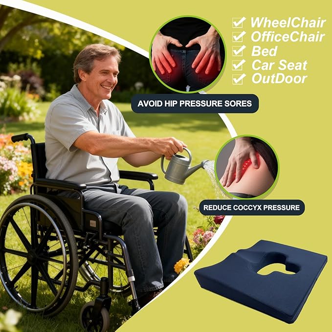 Gel Wheelchair Seat Cushion,Bed Sore Cushions for Butt,hemorrhoid pillow for Chair,Pressure Sore cushion,Memory Foam Butt Pillow,Sciatica,Coccyx,Pressure Ulcer Pain Relief,Washable Cover(Blue)