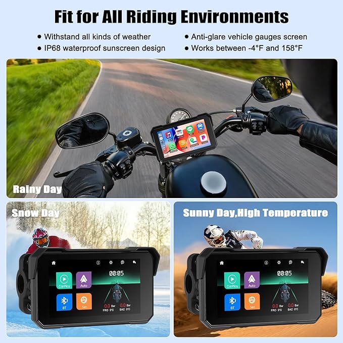 CAMECHO Portable Car Play Screen for Motorcycle, Wireless CarPlay & Android Auto for Motorbike, 5" IP68 Waterproof Touch Screen Motorcycle GPS Navigation System,Bluetooth, Support Siri USB TF EQ 12V