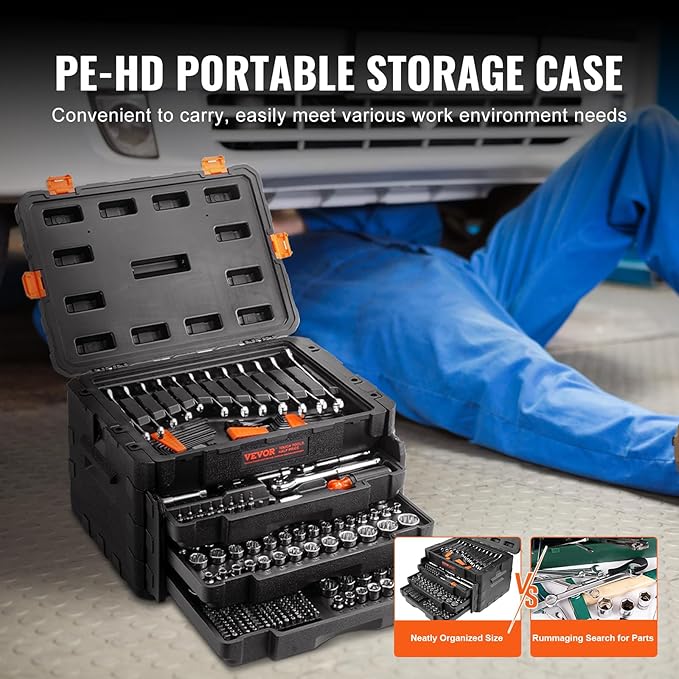 VEVOR Mechanics Tool Set and Socket Set, 1/4" 3/8" 1/2" Drive, 450 PCS | SAE and Metric Socket Wrench Set with 3-Drawer Tool Box, Tool Kit with Bits, Combination Wrench, Hex Wrenches, Accessories