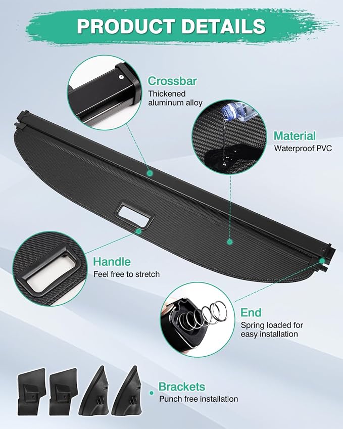Powerty Retractable Trunk Cover for 2020 2021 Tesla Model Y 5-Seaters (Not for 7-Seaters), Retractable Trunk Cover Privacy Cover Truck Replacement for 2020 2021 Model Y Accessories (Canvas Texture)