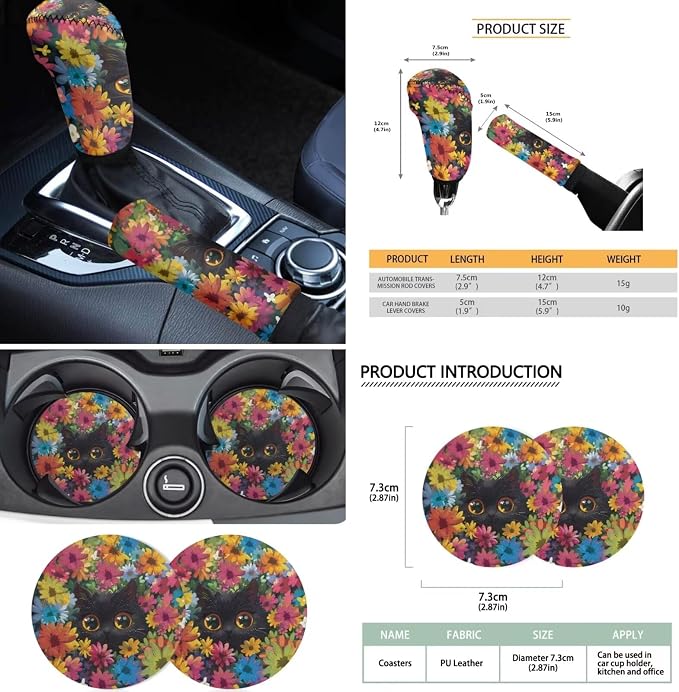 18Pcs Cute Cat Car Seat Cover Sets Full Set Hippie Center Console Cover+Steering Wheel Protector+Seat Belt Covers+Handbrake Protector+Car Cup Mats+Keychain+Headrest Covers Universal fit