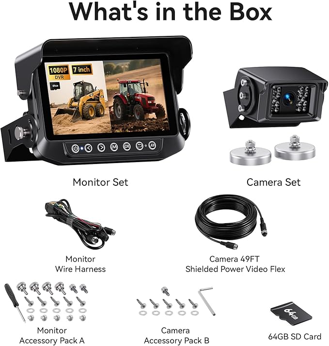 Skid Steer Backup Camera Dual-View 7 Inch 1080p HD, Magnetic Camera, and DVR Recorder for Farm Tractor Trucks, RVs, Trailers, and Farm Heavy Equipment