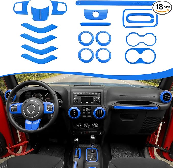 CheroCar 18PCS Interior Trim Kit for Jeep Wrangler JK JKU 2011-2018 4 Door,Steering Button Frame, Air Conditioning Vent Trim Cup Holder Cover,Gear Shift Knobs Frame,Blue…