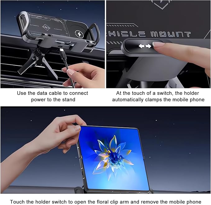 High Intelligent Wireless Car Charger Phone Holder, 15W Fast Charging, Auto Rotating, Compatible with Foldable Phones (Gray)